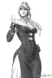 Rule 34 | 1girl, abs, blonde hair, blue eyes, bracelet, breasts, cleavage, cup, dress, drinking glass, elbow gloves, evening gown, gloves, greyscale, hand on own hip, highres, holding, holding cup, jewelry, lips, long hair, looking to the side, metroid, monochrome, necklace, nintendo, off-shoulder dress, off shoulder, ponytail, robusta mania, samus aran, serious, side slit, solo, standing, tall female, toned female, white background