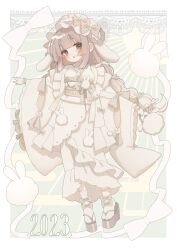 Rule 34 | 1girl, 2023, absurdres, animal ears, blush, brown eyes, brown hair, dress, full body, highres, japanese clothes, long braid, long hair, looking at viewer, open mouth, original, rabbit ears, rabbit girl, solo, uu3cm, white dress
