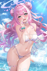 Rule 34 | 1girl, angel wings, bikini, blue archive, blue sky, blush, bracelet, breasts, choker, cloud, cowboy shot, cross, day, double bun, floating hair, gluteal fold, hair bun, halo, hand up, highres, jewelry, large breasts, latin cross, long hair, mika (blue archive), navel, open mouth, outdoors, pink hair, scrunchie, skindentation, sky, smile, solo, stomach, strapless, strapless bikini, studiopokotan, swimsuit, thigh strap, thighs, thigs, very long hair, wavy hair, white bikini, white wings, wings, wrist scrunchie, yellow eyes