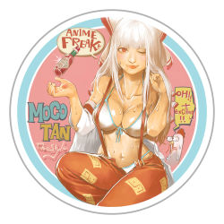 Rule 34 | 1girl, arm belt, bikini, bird, blood, bottle, bow, brand name imitation, breasts, chicken, circle, collarbone, english text, front-tie bikini top, front-tie top, fujiwara no mokou, hair bow, heart, large breasts, lips, lipstick, long hair, looking at viewer, makeup, navel, ninny-world, nose, one eye closed, pants, product placement, realistic, red eyes, red lips, red pants, rooster, round image, ruffling hair, shiny skin, shirt, unworn shirt, silver hair, simple background, solo, speech bubble, strap, string bikini, suspenders, sweat, swimsuit, tabasco, touhou, upper body, white background, white bikini, white shirt