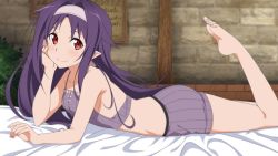 Rule 34 | 10s, 1girl, arm support, bare shoulders, barefoot, bed sheet, breasts, collarbone, feet, hairband, indoors, long hair, looking at viewer, lying, on stomach, pink hairband, pointy ears, purple hair, red eyes, sideboob, small breasts, smile, solo, sword art online, sword art online: hollow realization, the pose, toes, underwear, underwear only, wallpaper, yuuki (sao)