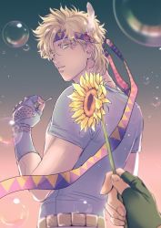 Rule 34 | 1boy, battle tendency, birthday, blonde hair, blue gloves, blue shirt, bubble, caesar anthonio zeppeli, commentary, commentary request, eyelashes, facial mark, feather hair ornament, feathers, fingerless gloves, fingernails, flower, from behind, gamako, giving, gloves, gradient background, green eyes, green gloves, hair ornament, headband, holding, holding flower, jojo no kimyou na bouken, joseph joestar, joseph joestar (young), looking at viewer, looking back, male focus, out of frame, parted lips, pov, pov hands, shirt, short hair, short sleeves, solo focus, sunflower, symbol-only commentary, t-shirt, triangle print, upper body, yellow flower
