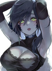 Rule 34 | 1girl, aomushi komushi, armpits, arms behind head, arms up, au ra, black gloves, blue hair, breasts, cleavage, cleavage cutout, clothing cutout, colored skin, commentary, covered collarbone, dragon horns, elbow gloves, final fantasy, final fantasy xiv, gloves, grey skin, hair between eyes, hair over shoulder, horns, lace trim, large breasts, light blush, looking at viewer, medium hair, parted lips, scales, simple background, solo, swept bangs, upper body, warrior of light (ff14), white background, wide-eyed