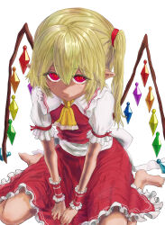 Rule 34 | 1girl, ascot, back bow, barefoot, blonde hair, bow, breasts, closed mouth, collared shirt, flandre scarlet, frilled ascot, frilled shirt collar, frilled skirt, frilled sleeves, frills, from above, full body, hair between eyes, highres, large bow, looking at viewer, medium hair, multicolored wings, no headwear, no shoes, no socks, one side up, pointy ears, puffy short sleeves, puffy sleeves, red eyes, red skirt, red vest, shirt, short sleeves, simple background, sitting, skinny, skirt, skirt set, sleeve ribbon, small breasts, solo, totsuki (puyonpuyon), touhou, v arms, vest, wariza, white background, white bow, white shirt, wings, wrist cuffs, yellow ascot