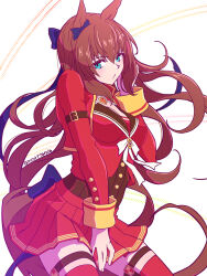 1girl animal_ears back_bow bow breasts brown_hair brown_sailor_collar brown_tail cleavage cowboy_shot cropped_jacket ear_bow hair_between_eyes hair_bow highres horse_ears horse_girl horse_tail jacket light_blush long_sleeves looking_at_viewer mamoru_(arizona) maruzensky_(umamusume) miniskirt pleated_skirt purple_bow red_jacket red_shirt red_skirt red_thighhighs ribbon sailor_collar shirt sidelocks skirt solo tail thigh_strap thighhighs umamusume white_background white_ribbon