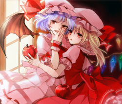 Rule 34 | 2girls, apple, bat wings, blonde hair, bow, dress, fang, flandre scarlet, food, frilled shirt collar, frills, fruit, hand on own face, hat, hat ribbon, highres, indoors, mob cap, multiple girls, open mouth, pink dress, pointy ears, puffy short sleeves, puffy sleeves, purple hair, q-chiang, red bow, red eyes, red ribbon, remilia scarlet, ribbon, short hair, short sleeves, touhou, window, wings, wrist cuffs