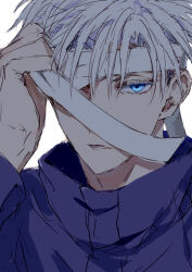 Rule 34 | 1boy, bandages, blue eyes, closed mouth, colored eyelashes, commentary request, gojou satoru, high collar, jujutsu kaisen, long sleeves, looking at viewer, male focus, nori20170709, removing bandages, short hair, simple background, solo, white background, white hair