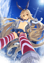 Rule 34 | &gt;:o, &gt; &lt;, 10s, 1girl, :o, bare shoulders, black panties, blonde hair, blush, breasts, brown eyes, cameltoe, closed eyes, elbow gloves, from below, gloves, kantai collection, long hair, looking at viewer, navel, open mouth, panties, pantyshot, personification, rensouhou-chan, sailor collar, shimakaze (kancolle), skirt, small breasts, solo, striped clothes, striped thighhighs, thighhighs, underboob, underwear, upskirt, v-shaped eyebrows, white gloves, yashiro seika