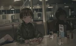Rule 34 | black hair, blood, booth seating, bowl, corpse, glass, green jacket, guro, indoors, jacket, looking at viewer, original, reflection, restaurant, severed limb, spoon, tensen (dotted line), window