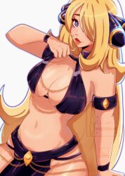 Rule 34 | 1girl, arm support, armlet, bikini, black bikini, blonde hair, blue eyes, breasts, cleavage, collarbone, creatures (company), cresscin, cynthia (pokemon), game freak, hair ornament, hair over one eye, harem outfit, jewelry, large breasts, long hair, looking at viewer, navel, nintendo, pelvic curtain, pokemon, pokemon dppt, sitting, swimsuit, white background, wristband