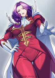 Rule 34 | 1girl, absurdres, breasts, cape, code geass, cornelia li britannia, dutch angle, gloves, hand on own hip, highres, juliet sleeves, kagematsuri, large breasts, lipstick, long hair, long sleeves, looking at viewer, looking down, makeup, parted lips, puffy sleeves, purple eyes, purple hair, purple lips, revision, simple background, solo, standing, thigh gap, white cape, white gloves
