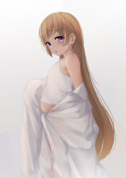 Rule 34 | 1girl, blush, breasts, buttons, commentary request, feet out of frame, from side, gradient background, grey background, highres, light brown hair, long hair, looking at viewer, looking to the side, ne an ito, parted lips, partially unbuttoned, plump, purple eyes, sidelocks, simple background, small breasts, solo, tsukuyomi ai, very long hair, voiceroid, white background