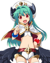 Rule 34 | + +, 1girl, arcana trust, capelet, chikuwa (majihima), demon horns, green hair, hand on own hip, horns, long hair, looking at viewer, low wings, midriff, navel, open mouth, red eyes, shinrabanshou, simple background, solo, symbol-shaped pupils, thighhighs, white background, wings
