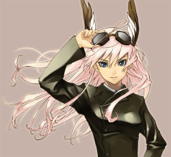 Rule 34 | 1girl, animal ears, bad id, bad pixiv id, blue eyes, fujimo ruru, goggles, grey background, hanna-justina marseille, head wings, jacket, long hair, pink hair, rabbit ears, smile, solo, strike witches, wings, world witches series