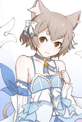Rule 34 | 0901eiki, 10s, 1boy, :3, animal ears, arm ribbon, bare shoulders, blue bow, blue dress, blue neckwear, blue ribbon, bob cut, bolo tie, bow, brown eyes, brown hair, cat boy, cat ears, cat tail, choker, clenched hand, closed mouth, collarbone, commentary request, cross-laced clothes, detached sleeves, dot nose, dress, dress bow, felix argyle, frilled dress, frills, front-tie top, hair bow, hair ribbon, hand up, head tilt, highres, jewelry, lace, lace-trimmed dress, lace-trimmed sleeves, lace trim, large bow, layered dress, light smile, looking at viewer, male focus, parted bangs, pendant, re:zero kara hajimeru isekai seikatsu, ribbon, short eyebrows, short hair, simple background, solo, spaghetti strap, striped clothes, striped dress, striped ribbon, tail, thick eyebrows, trap, upper body, vertical-striped clothes, vertical-striped dress, white background, white bow, white dress