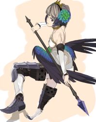 Rule 34 | 1girl, armor, bare back, blonde hair, blunt bangs, braid, braided bun, elbow gloves, gloves, greaves, gwendolyn (odin sphere), hair bun, low wings, odin sphere, polearm, serious, solo, spear, taaki (taki0123), thighhighs, tiara, weapon, white background, wings