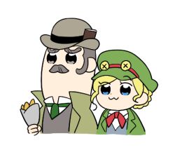 Rule 34 | 1boy, 1girl, :3, ace attorney, bkub (style), blonde hair, blue eyes, bow, bowtie, braid, chibi, coat, collared shirt, facial hair, fish (food), fish and chips, food, gina lestrade, green coat, green headwear, grey eyes, grey hair, hat, holding, holding food, iko (world-fabrication), jacket, long sleeves, lowres, mustache, necktie, old, old man, parody, shirt, short hair, simple background, smile, style parody, the great ace attorney, tobias gregson, white background