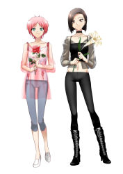 Rule 34 | 2girls, aelita, aqua eyes, black choker, black footwear, black hair, black pants, boots, choker, closed mouth, code lyoko, collarbone, contrapposto, crop top, cross, cross necklace, flower, full body, grey pants, high heel boots, high heels, highres, holding, holding flower, ishiyama yumi, jewelry, knee boots, lily (flower), looking at viewer, midriff, morihaw, multiple girls, navel, necklace, pants, pink hair, pink shirt, red eyes, see-through, shirt, short hair, simple background, smile, standing, stomach, white background, white flower, white footwear