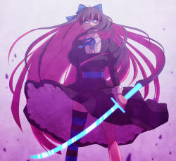 Rule 34 | 10s, 1girl, blue eyes, bow, colored inner hair, dress, glowing, glowing eyes, gothic lolita, hair bow, highres, knhl, lolita fashion, long hair, multicolored hair, panty &amp; stocking with garterbelt, purple hair, single thighhigh, solo, stocking (psg), striped clothes, striped thighhighs, stripes i &amp; ii, thighhighs, very long hair