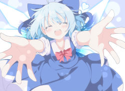 Rule 34 | 1girl, :d, ^ ^, blue skirt, blue vest, bow, bowtie, cirno, closed eyes, commentary request, do (4-rt), facing viewer, foreshortening, hair bow, heart, highres, ice, ice wings, incoming hug, large bow, light brown hair, open mouth, outstretched arms, red bow, red bowtie, shirt, short hair, short sleeves, skirt, skirt set, smile, solo, touhou, vest, white shirt, wings