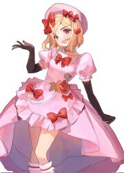 Rule 34 | 1girl, beret, black gloves, blonde hair, bow, dress, dress bow, elbow gloves, gloves, hair bow, hat, hat bow, highres, jack-o&#039;-lantern, jewelry, lambdadelta, necklace, open mouth, pearl necklace, pink dress, pink hat, puffy short sleeves, puffy sleeves, red bow, red eyes, saechi (lnyn248329), short hair, short sleeves, simple background, smile, solo, umineko no naku koro ni, white background