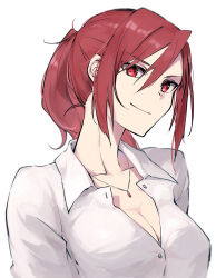 Rule 34 | 1girl, aozaki touko, breasts, cleavage, closed mouth, collared shirt, commentary request, hair between eyes, head tilt, highres, jewelry, kara no kyoukai, large breasts, long hair, looking at viewer, necklace, ponytail, red eyes, shigure (shigure 43), shirt, sidelocks, simple background, smile, solo, type-moon, white background, white shirt