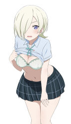 Rule 34 | 1girl, absurdres, aqua ribbon, blonde hair, blue shirt, blue skirt, bra, breasts, clothes lift, collared shirt, commentary, daichi777zz, dress shirt, earclip, green bra, hair over one eye, highres, lifted by self, looking at viewer, love live!, love live! nijigasaki high school idol club, medium breasts, mia taylor, navel, neck ribbon, open mouth, plaid, plaid skirt, pleated skirt, purple eyes, ribbon, shirt, shirt lift, short sleeves, simple background, skirt, solo, stomach, thighs, underwear, uniform, white background