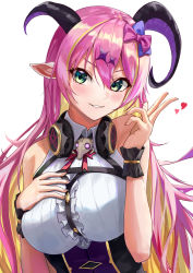 Rule 34 | 1girl, absurdres, blonde hair, bow, collared shirt, colored inner hair, demon horns, green eyes, hair bow, hand on own chest, headphones, headphones around neck, highres, hololive, horns, mano aloe, multicolored hair, nayuyu1105, parted lips, pink hair, pointy ears, shirt, sleeveless, sleeveless shirt, smile, solo, v, virtual youtuber, white shirt, wrist cuffs