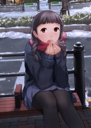 Rule 34 | 1girl, bench, black hair, black pantyhose, blunt bangs, blush, braid, breath, brown eyes, cold, commentary, flower, legs together, long hair, looking at viewer, looking up, matome, open mouth, original, own hands together, pantyhose, railing, red scarf, road, scarf, school uniform, sitting, skirt, snow, snowing, solo, street, sweater, town, twin braids, winter, winter clothes