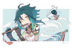 Rule 34 | 2boys, :o, ahoge, aqua hair, arm tattoo, asymmetrical clothes, barbatos (genshin impact), bead necklace, beads, dated, facial mark, flute, forehead, genshin impact, gloves, green hair, holding, holding instrument, instrument, jewelry, male focus, melanbread, multicolored hair, multiple boys, musical note, necklace, signature, simple background, spikes, tassel, tattoo, two-tone background, venti (genshin impact), vision (genshin impact), wings, xiao (genshin impact), yellow eyes