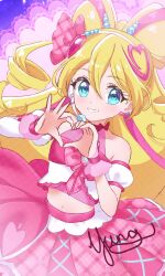 absurdres blonde_hair blue_eyes brooch curly_hair earrings etherealmeow gloves heart heart_brooch heart_hands highres idol jewelry kimi_to_idol_precure long_hair microphone midriff multicolored_hair pleated_skirt precure skirt smile