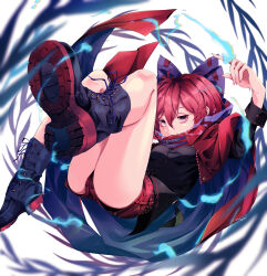 Rule 34 | 1girl, ass, black footwear, black shirt, blue bow, blue cape, boots, bow, cape, full body, hair between eyes, hair bow, highres, long sleeves, looking at viewer, red cape, red eyes, red hair, red shorts, sekibanki, sekibanki day, shirt, short hair, shorts, solo, tami (joemanyodw), touhou, white background