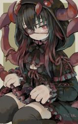 Rule 34 | 1girl, arthropod limbs, black bow, black bowtie, black dress, bow, bowtie, breasts, bright pupils, bug, cleavage, cleavage cutout, closed mouth, clothing cutout, commission, dress, ebimomo, eyepatch, gothic lolita, grey thighhighs, hair over one eye, highres, hood, hood up, horns, horns through headwear, lolita fashion, long sleeves, looking at viewer, medium breasts, one eye covered, original, pink pupils, red eyes, signature, skeb commission, solo, spider, thighhighs