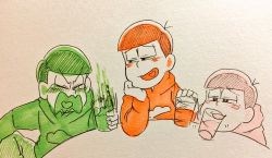 Rule 34 | 10s, 3boys, blush, blush stickers, brothers, cup, drinking, drunk, heart, heart in mouth, hood, hoodie, male focus, marker (medium), matsuno choromatsu, matsuno osomatsu, matsuno todomatsu, multiple boys, nnbn, osomatsu-kun, osomatsu-san, osomatsu (series), siblings, sitting, traditional media, upper body, wavy mouth