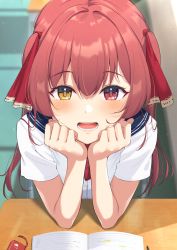 Rule 34 | 1girl, absurdres, blue sailor collar, commentary request, hair between eyes, hair ribbon, heterochromia, highres, hololive, houshou marine, long hair, looking at viewer, mugino0515, notebook, open mouth, red eyes, red hair, red ribbon, ribbon, sailor collar, school uniform, serafuku, shirt, short sleeves, solo, twintails, virtual youtuber, white shirt, yellow eyes