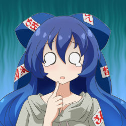 Rule 34 | 1girl, blue background, blue hair, blush, cato (monocatienus), commentary request, debt, finger to own chin, gloom (expression), gradient background, grey hoodie, hair between eyes, hair ribbon, hood, hood down, hoodie, low twintails, o o, open mouth, ribbon, solo, standing, tearing up, touhou, twintails, upper body, yorigami shion