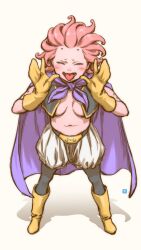 Rule 34 | ^ ^, black pants, black vest, breasts, cape, closed eyes, colored skin, dragon ball, dragonball z, full body, genderswap, genderswap (mtf), gloves, highres, key (kagibangou), majin buu, medium breasts, open clothes, pants, pink hair, pink skin, purple cape, shadow, shorts, standing, taunting, tentacle hair, vest, white background, white shorts, yellow footwear, yellow gloves