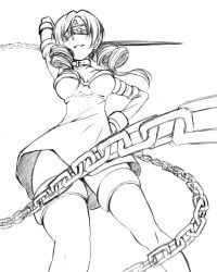 Rule 34 | 1girl, bad id, bad pixiv id, blindfold, boots, breasts, chain, cosplay, dagger, drill hair, facial mark, fate/stay night, fate (series), greyscale, knife, mahou shoujo madoka magica, mahou shoujo madoka magica (anime), medium breasts, medusa (fate), medusa (rider) (fate), medusa (rider) (fate) (cosplay), monochrome, orange ize, renji (orange ize), solo, thigh boots, thighhighs, tomoe mami, twin drills, twintails, weapon