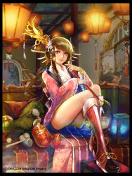 Rule 34 | 1girl, absurdres, ball, bangle, black border, boots, border, bracelet, brown hair, copyright name, daruma doll, dragon&#039;s shadow, hair ornament, highres, holding, holding staff, image sample, indoors, japanese clothes, jewelry, kendama, kenshjn park, knee boots, lantern, looking at viewer, over shoulder, paper lantern, pillow, pink eyes, red footwear, screen, sitting, staff, watermark, wide sleeves, window