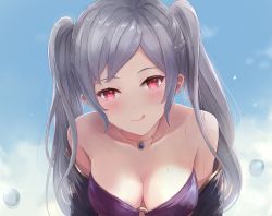 Rule 34 | 1girl, :q, bandeau, bare shoulders, bikini, bikini top only, blue background, blush, braid, breasts, cleavage, closed mouth, collarbone, fire emblem, fire emblem awakening, fire emblem heroes, from above, gradient background, grima (fire emblem), head tilt, jewelry, large breasts, leonmandala, long hair, looking at viewer, looking up, necklace, nintendo, o-ring, o-ring bikini, o-ring top, off shoulder, open clothes, parted bangs, purple bikini, red eyes, robin (female) (fire emblem), robin (fire emblem), sidelocks, silver hair, smile, solo, strapless, strapless bikini, sweat, swimsuit, tongue, tongue out, twintails