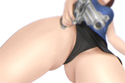 Rule 34 | aiming, aiming at viewer, black panties, black skirt, blue shirt, blurry, blurry background, brown hair, capcom, commentary, commentary request, cowboy shot, english commentary, foreshortening, from behind, gluteal fold, gun, handgun, head out of frame, holding, holding gun, holding weapon, jill valentine, kurone rinka, miniskirt, mixed-language commentary, panties, resident evil, resident evil 3, resident evil 3: nemesis, revolver, shirt, simple background, skirt, spread legs, thick thighs, thighs, thong, underwear, weapon, white background