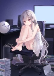 Rule 34 | 0.000000001 percent derenai shiroi neko, 1girl, bare arms, bare legs, barefoot, blush, book, book stack, chair, chemise, closed mouth, colored eyelashes, computer, cover image, desk, dress, dvd case, feet, feet on chair, female focus, fukahire (ruinon), full body, furrowed brow, glaring, handheld game console, hugging own legs, indoors, knees up, legs, long hair, looking at viewer, monitor, novel illustration, office chair, official art, playstation portable, red eyes, shionome koneko, short dress, silver hair, sitting, sleeveless, sleeveless dress, solo, straight hair, swivel chair, textless version, toes, upskirt, v-shaped eyebrows, very long hair, white dress