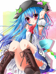 Rule 34 | 1girl, armpits, ascot, bad id, bad pixiv id, black gloves, blue hair, blue skirt, blush, boots, censored, convenient censoring, cross-laced footwear, detached sleeves, dress, female focus, food, fruit, gloves, hand on headwear, hat, hinanawi tenshi, long hair, necktie, nemokochi, open mouth, peach, red eyes, sitting, skirt, solo, tetsu tissue, touhou, upskirt, white dress