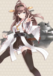 Rule 34 | 10s, 1girl, blunt bangs, blush, boots, brown eyes, brown hair, double bun, hair bun, hair ornament, hairband, kantai collection, kongou (kancolle), long hair, long sleeves, nontraditional miko, outstretched arm, personification, pleated skirt, ribbon trim, skirt, smile, solo, tamakaga, thigh boots, thighhighs, wide sleeves, zettai ryouiki