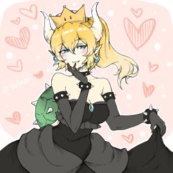 Rule 34 | 1girl, armlet, artist request, bare shoulders, black collar, black dress, black gloves, blonde hair, blue eyes, blue gemstone, blush, bowsette, bracelet, breasts, chest jewel, cleavage, closed mouth, clothes lift, collar, collarbone, crown, dress, dress lift, earrings, elbow gloves, fang, fang out, female focus, gem, gloves, hair between eyes, hand up, heart, heart background, high ponytail, highres, horns, jewelry, large breasts, long hair, looking at viewer, mario (series), monster girl, neck, new super mario bros. u deluxe, nintendo, pink background, pointy ears, polka dot, polka dot background, ponytail, shell, smile, solo, spiked armlet, spiked bracelet, spiked collar, spiked shell, spikes, strapless, strapless dress, super crown, turtle shell, white horns