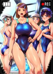 Rule 34 | 4girls, blue one-piece swimsuit, competition swimsuit, goggles, goggles on head, goggles on headwear, green hair, hair ornament, hairclip, highres, ichiren takushou, looking at viewer, mole, mole under mouth, multiple girls, one-piece swimsuit, open mouth, original, pool, rei no pool, short hair, swim cap, swimsuit