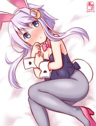 Rule 34 | 1girl, alternate costume, animal ears, artist logo, blanket, blue eyes, bow, bowtie, breasts, covered navel, crescent, crescent hair ornament, dated, detached collar, fake animal ears, fake tail, grey pantyhose, hair ornament, high heels, kanon (kurogane knights), kantai collection, leotard, looking at viewer, lying, one-hour drawing challenge, pantyhose, pink shorts, playboy bunny, purple hair, purple leotard, rabbit ears, rabbit tail, short hair, short hair with long locks, shorts, small breasts, solo, strapless, strapless leotard, tail, traditional bowtie, wrist cuffs, yayoi (kancolle)