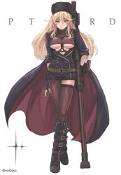 Rule 34 | 1girl, anti-materiel rifle, belt, black footwear, black hat, black jacket, black thighhighs, blonde hair, bolt action, breasts, character name, cleavage cutout, clothing cutout, commentary request, earrings, fingerless gloves, full body, fur hat, girls&#039; frontline, gloves, gun, hat, jacket, jewelry, large breasts, long hair, looking at viewer, military, military uniform, nol2dso, open clothes, open jacket, pink eyes, ptrd-41, ptrd (girls&#039; frontline), revealing clothes, rifle, sniper rifle, solo, strap, thighhighs, underboob, underboob cutout, uniform, ushanka, weapon
