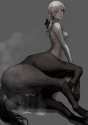 Rule 34 | 1girl, absurdres, aftersex, anus, black bow, blonde hair, blush, bow, braid, breasts, censored, centaur, cum, cum pool, female focus, grey background, hair bow, highres, jittsu, looking back, lying, monochrome, monster girl, mosaic censoring, nipples, nude, on side, original, pussy, solo, taur, yellow eyes