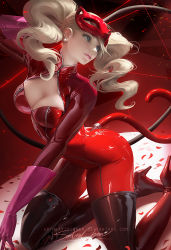 Rule 34 | 10s, 1girl, artist name, blonde hair, blue eyes, bodysuit, boots, breasts, character name, cleavage, earrings, from behind, gloves, high heel boots, high heels, holding, holding weapon, jewelry, large breasts, long hair, looking away, looking back, mask, persona, persona 5, petals, sakimichan, skin tight, solo, tail, takamaki anne, thigh boots, thighhighs, twintails, unzipped, watermark, weapon, whip, zipper